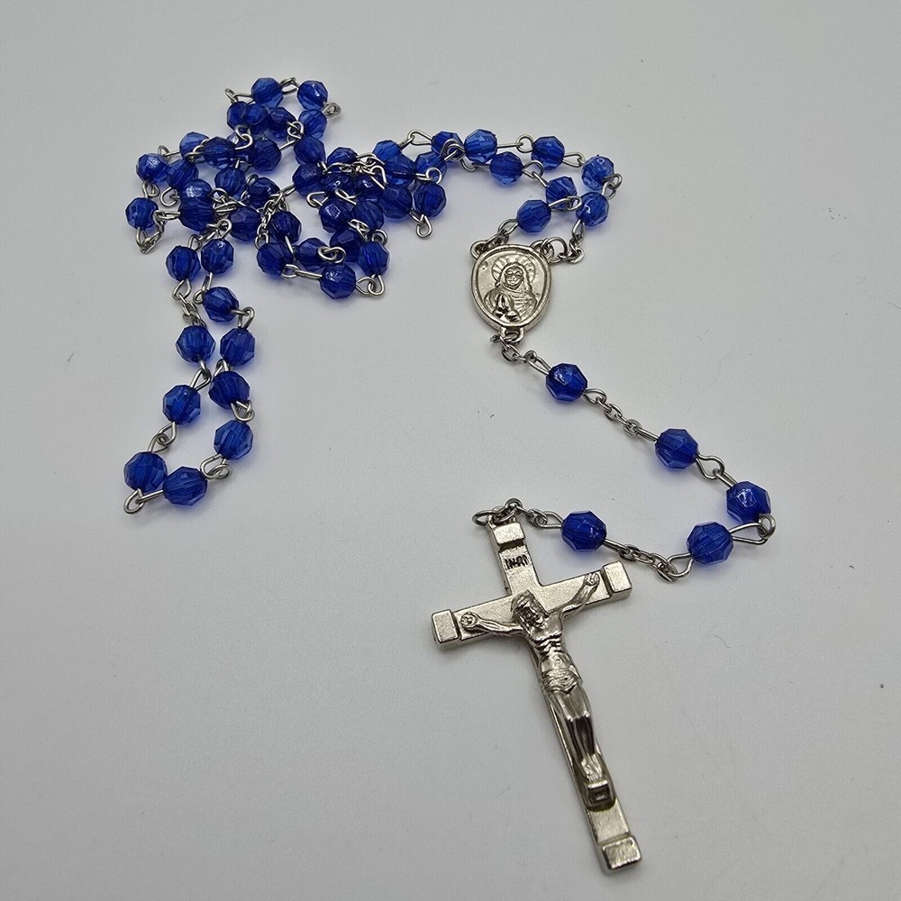 Catholic Rosary Blue Faceted Beads Silver‎ Tone Crucifix Prayer Religious